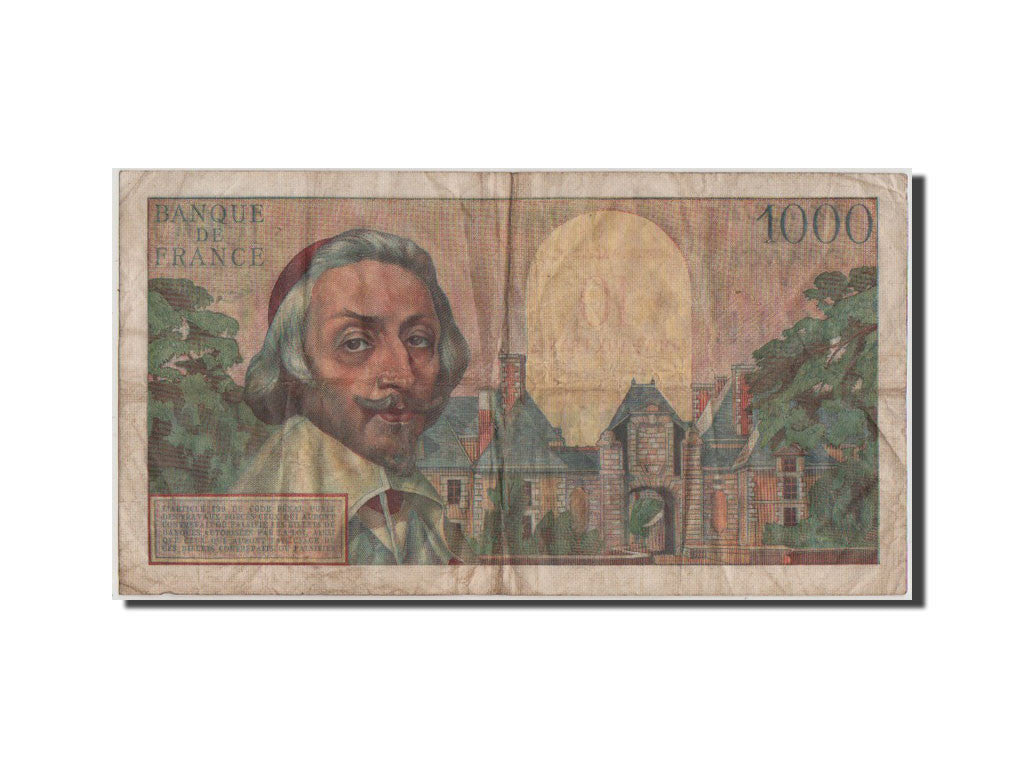 France, 10 Nouveaux Francs on 1000 Francs, 1955-1959 Overprinted with...
