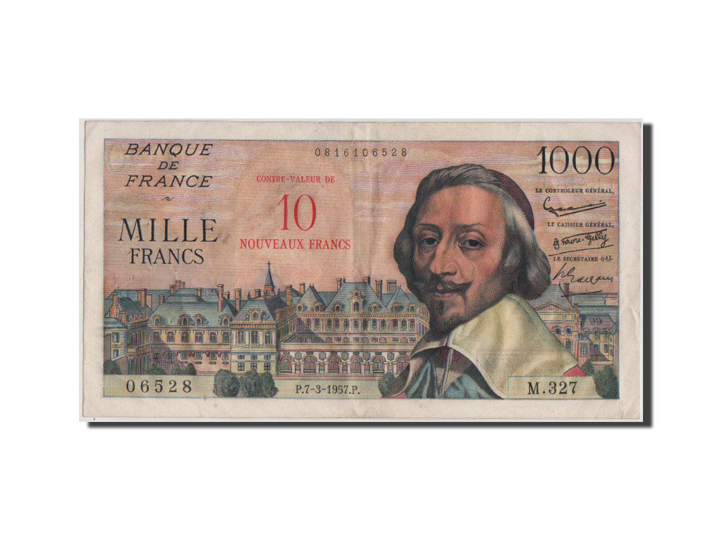 Banknote, France, 10 Nouveaux Francs on 1000 Francs, 1955-1959 Overprinted with