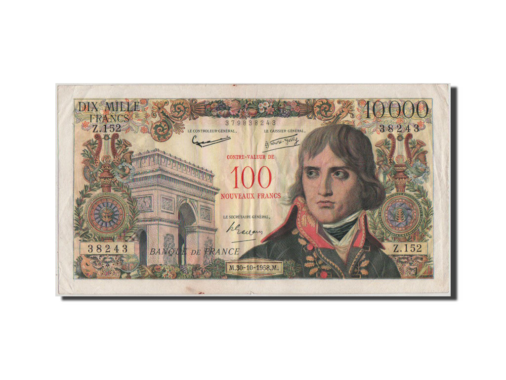 France, 100 Nouveaux Francs on 10,000 Francs, 1955-1959 Overprinted with...