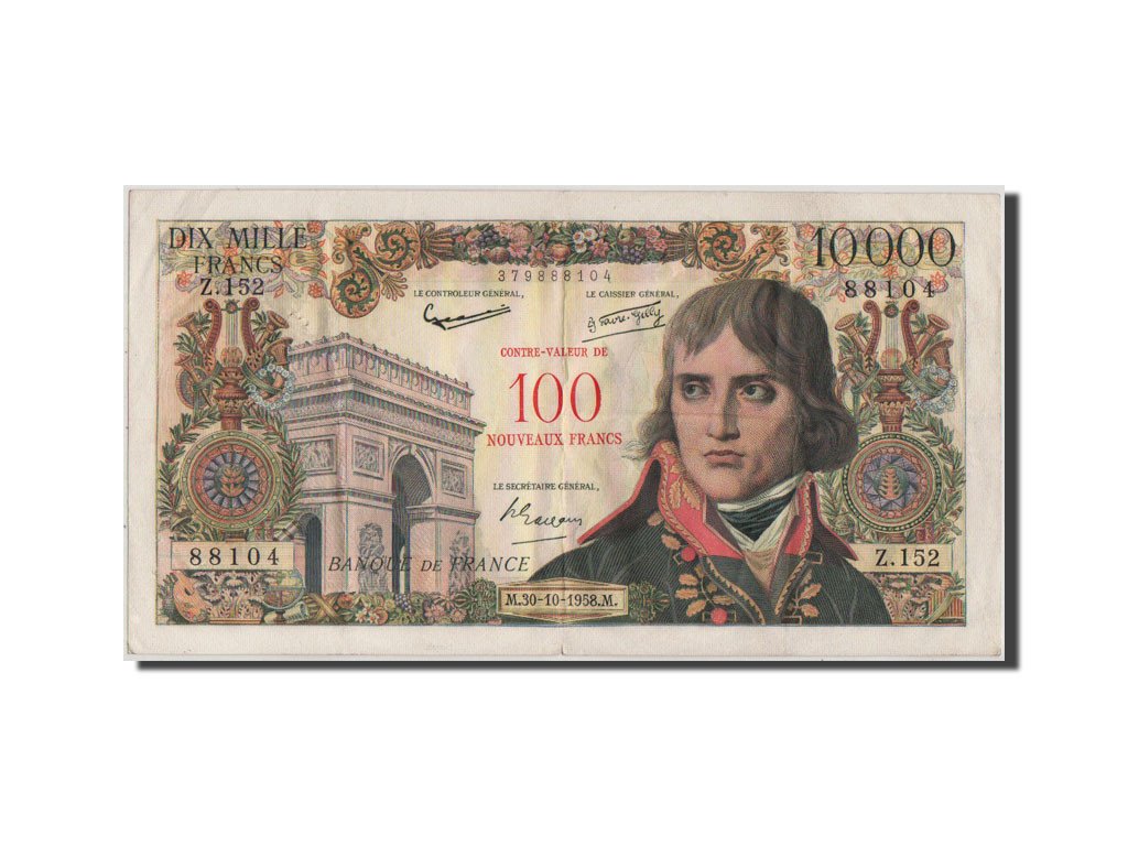 France, 100 Nouveaux Francs on 10,000 Francs, 1955-1959 Overprinted with...