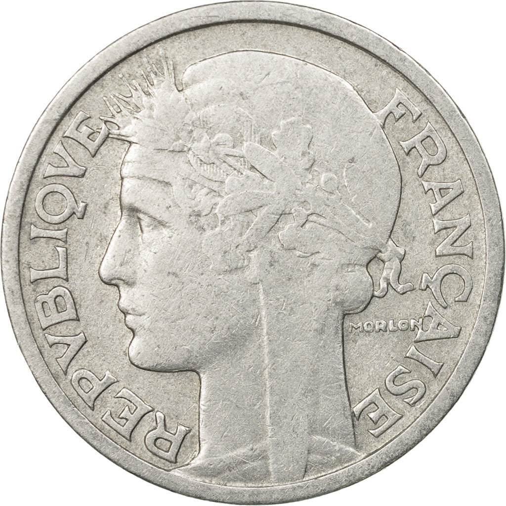 Moneda, Francia, Morlon, 2 Francs, 1945, Paris, MBC, Aluminio, KM:886a.1