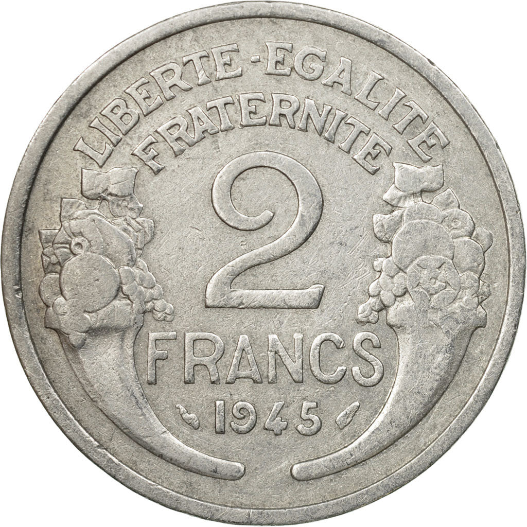 Moneda, Francia, Morlon, 2 Francs, 1945, Paris, MBC, Aluminio, KM:886a.1