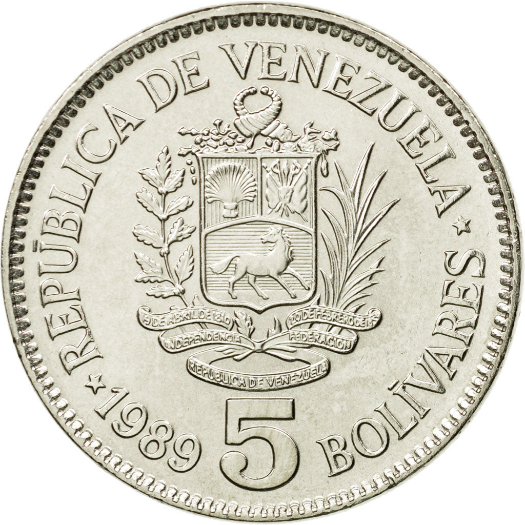 Coin, Venezuela, 5 Bolivares, 1989, Werdohl, MS(63), Nickel Clad Steel, KM:53a.1