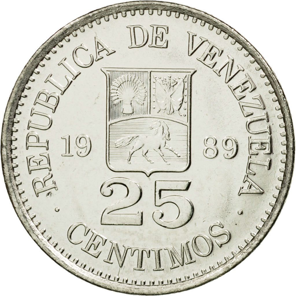 Coin, Venezuela, 25 Centimos, 1989, MS(63), Nickel Clad Steel, KM:50a
