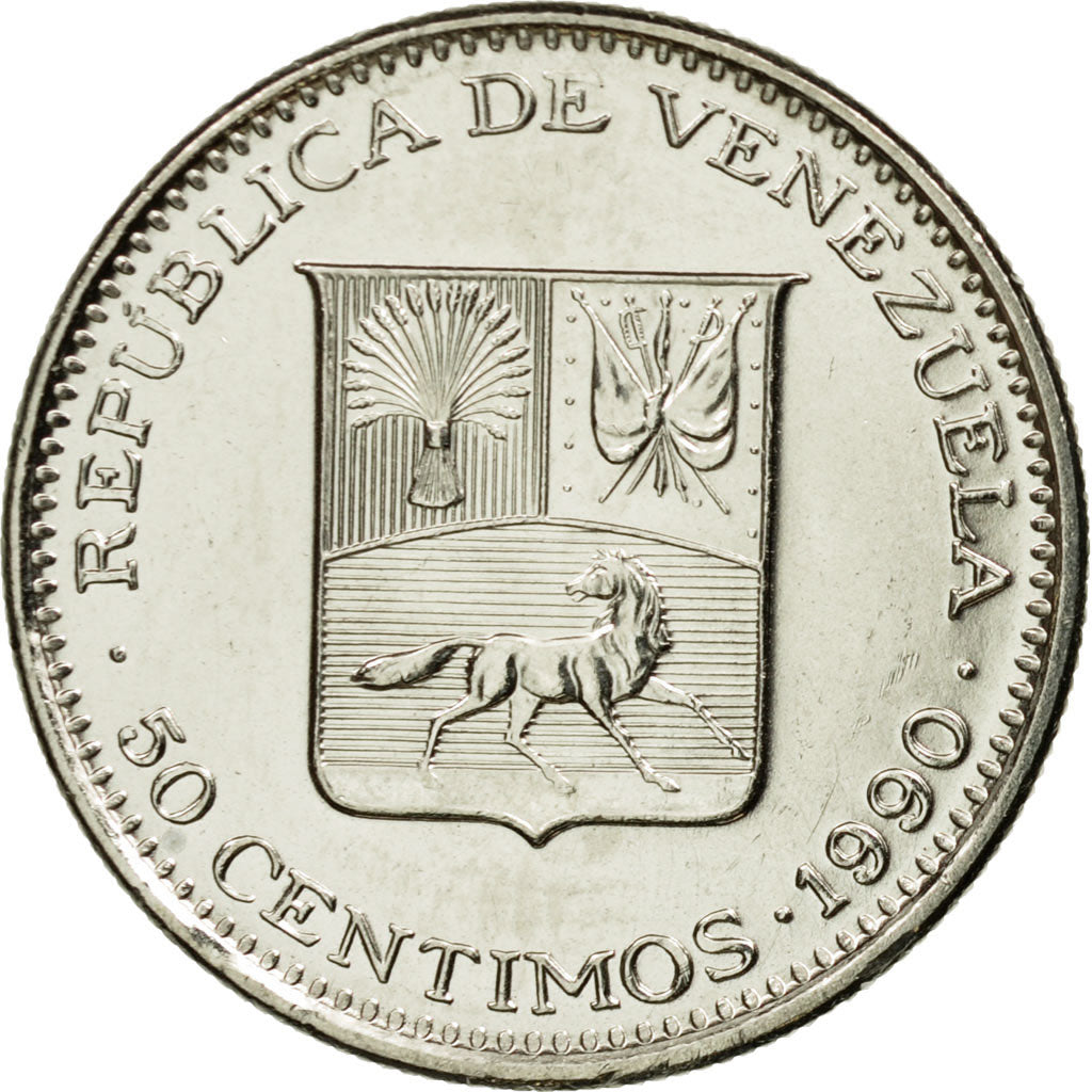 Coin, Venezuela, 50 Centimos, 1990, MS(63), Nickel Clad Steel, KM:41a