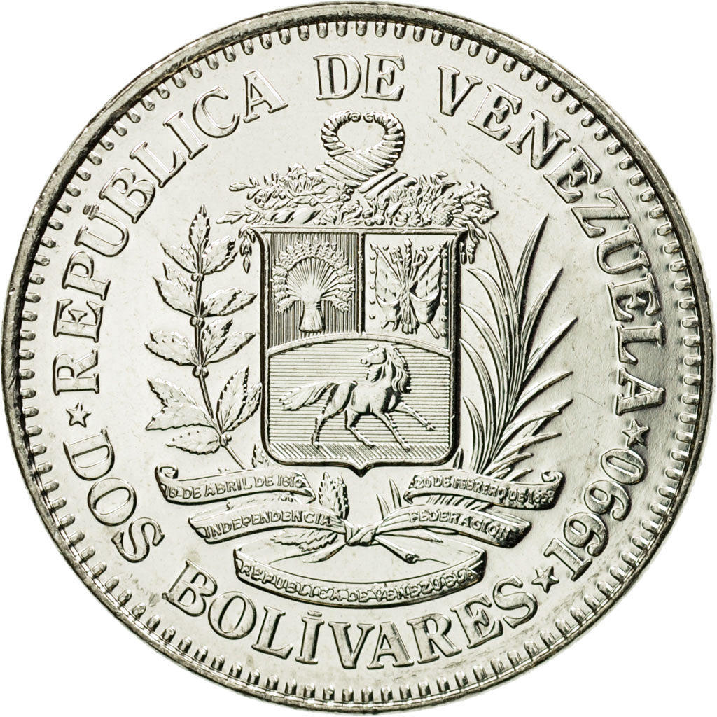 Münze, Venezuela, 2 Bolivares, 1990, UNZ, Nickel Clad Steel, KM:43a.1