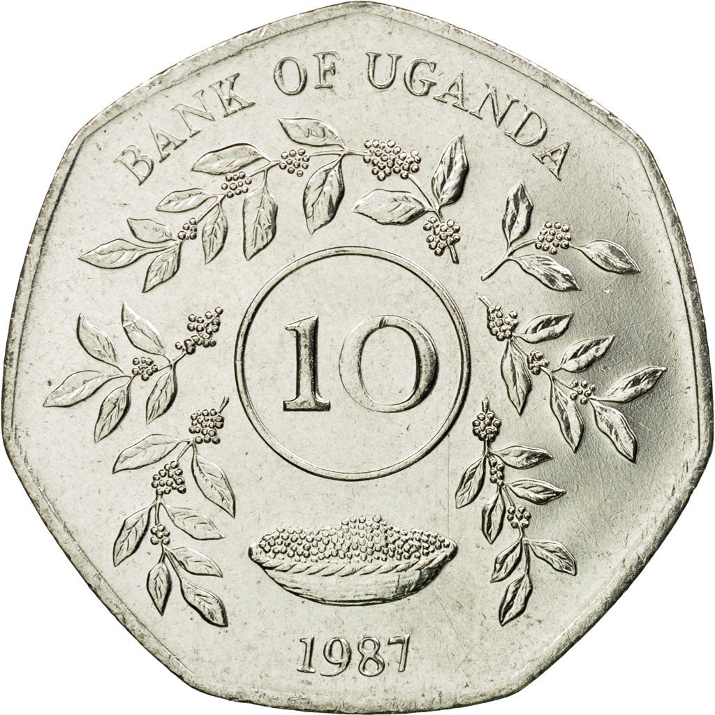 Coin, Uganda, 10 Shillings, 1987, AU(55-58), Nickel plated steel, KM:30