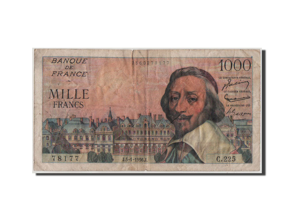 France, 1000 Francs, 1 000 F 1953-1957 ''Richelieu'', 1956, KM #134a,...