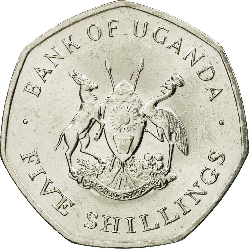 Coin, Uganda, 5 Shillings, 1987, AU(55-58), Nickel plated steel, KM:29