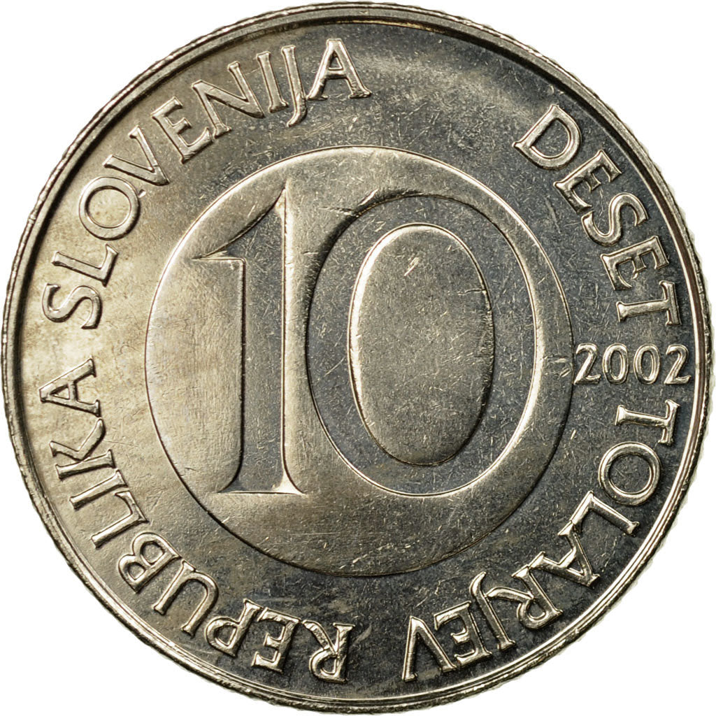 Coin, Slovenia, 10 Tolarjev, 2002, AU(55-58), Copper-nickel, KM:41