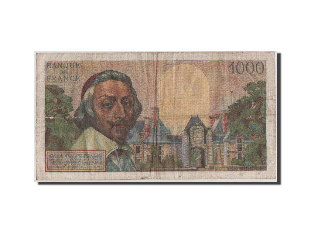 France, 1000 Francs, 1 000 F 1953-1957 ''Richelieu'', 1957, KM #134b, F(12-15),.