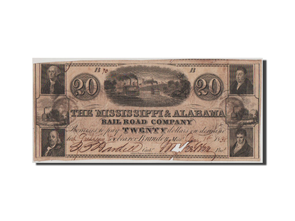 Etats-Unis, Obsolètes, Brandon, Mississippi & Alabama, 20 Dollars 1.5.1838