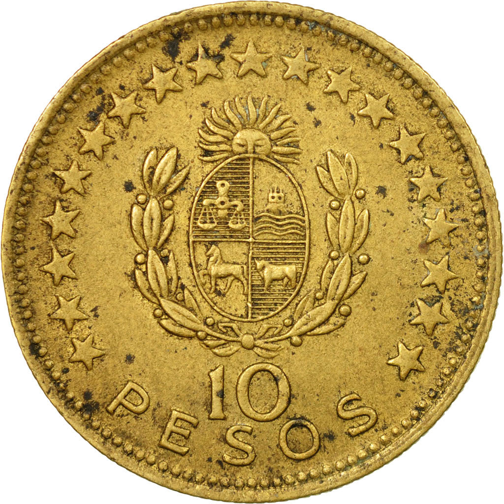 Coin, Uruguay, 10 Pesos, 1965, Santiago, EF(40-45), Aluminum-Bronze, KM:48