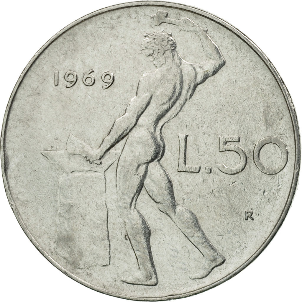 Moneta, Włochy, 50 Lire, 1969, Rome, EF(40-45), Stal nierdzewna, KM:95.1