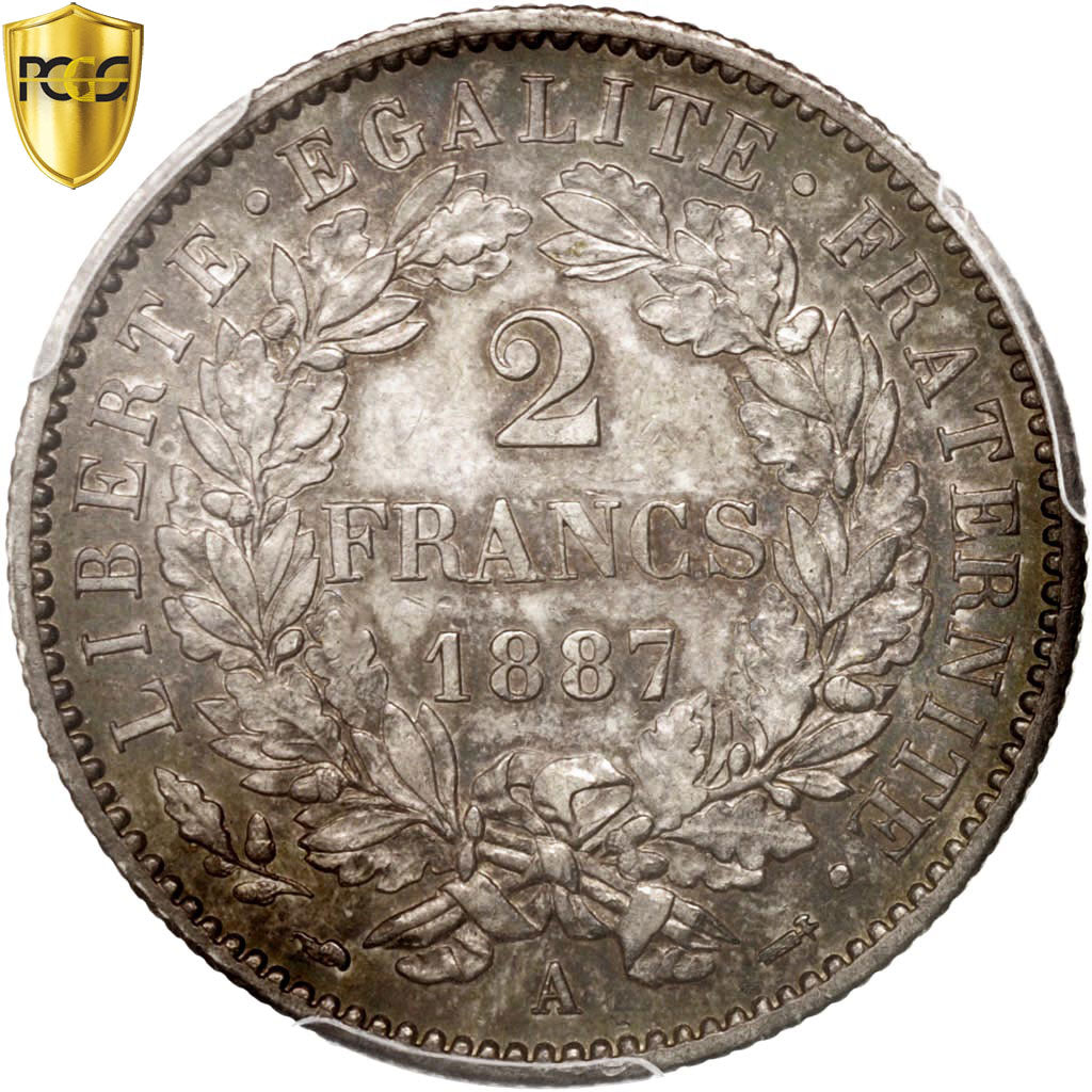 Monnaie, France, Cérès, 2 Francs, 1887, Paris, PCGS, MS62, SUP+, Argent