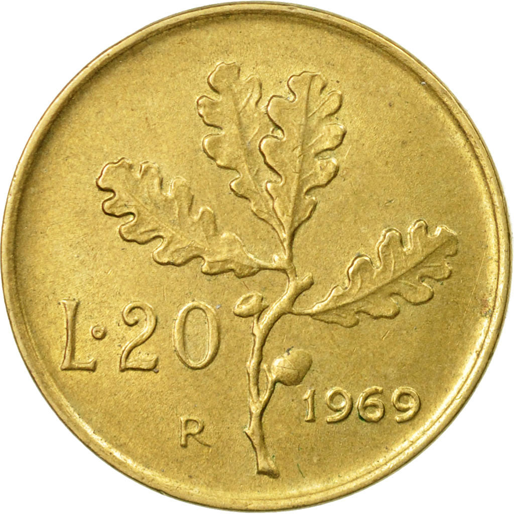 Coin, Italy, 20 Lire, 1969, Rome, EF(40-45), Aluminum-Bronze, KM:97.2