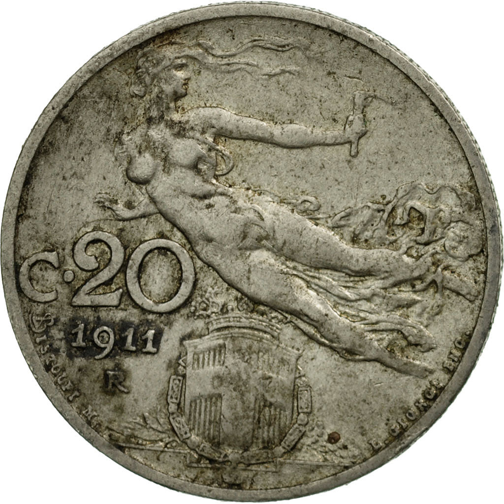 Moneta, Italia, Vittorio Emanuele III, 20 Centesimi, 1911, Rome, MB+, Nichel