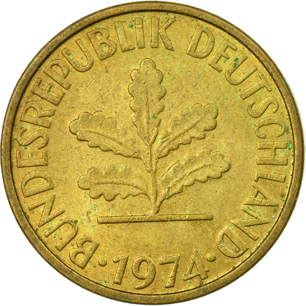 Coin, GERMANY - FEDERAL REPUBLIC, 5 Pfennig, 1974, Stuttgart, EF(40-45), Brass