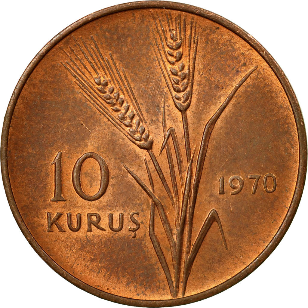 Moneta, Turchia, 10 Kurus, 1970, BB, Bronzo, KM:891.2