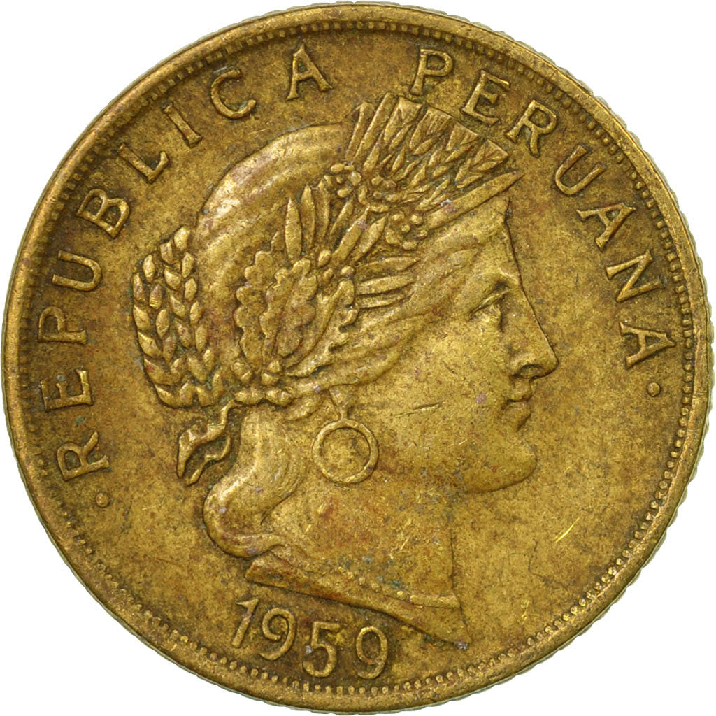 Coin, Peru, 10 Centavos, 1959, VF(30-35), Brass, KM:224.2