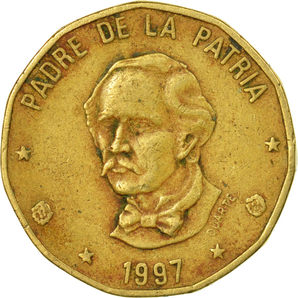Coin, Dominican Republic, Peso, 1997, EF(40-45), Brass, KM:80.3