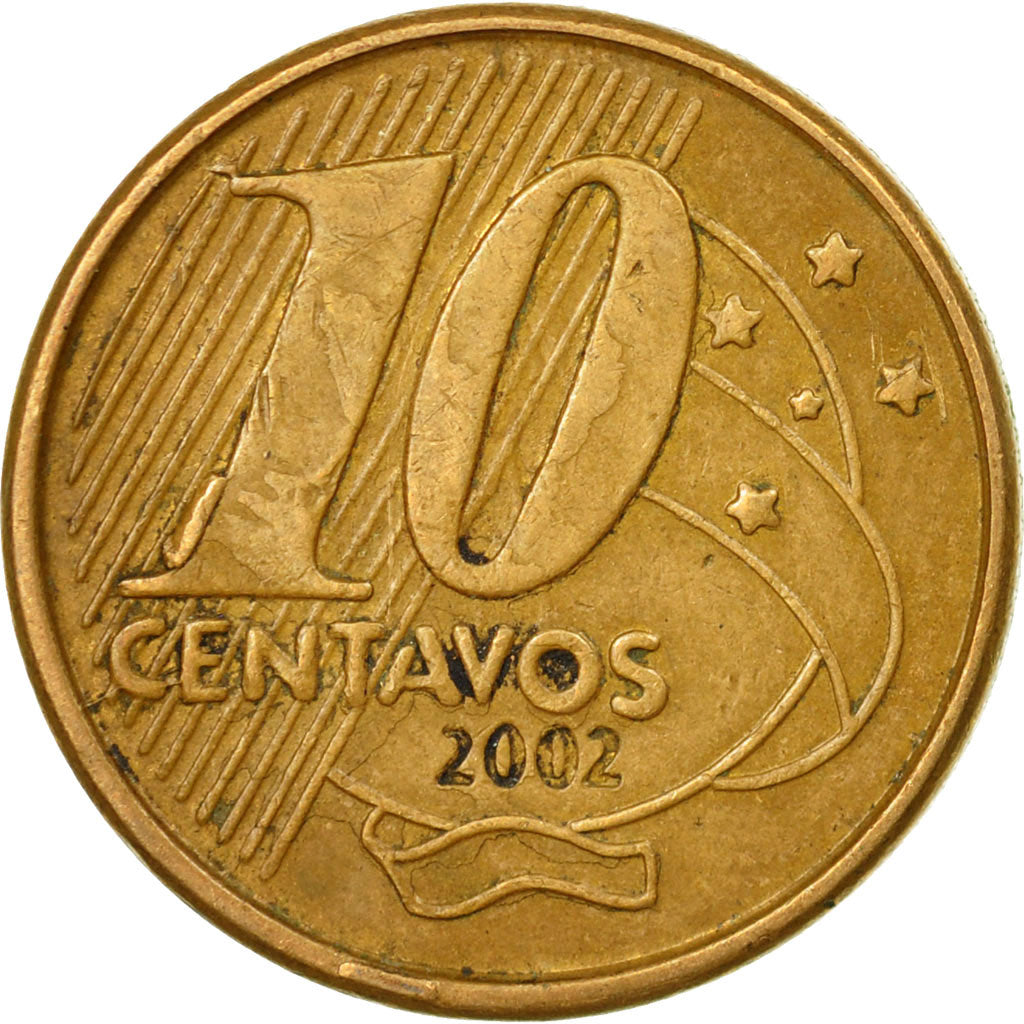 Coin, Brazil, 10 Centavos, 2002, EF(40-45), Bronze Plated Steel, KM:649.2