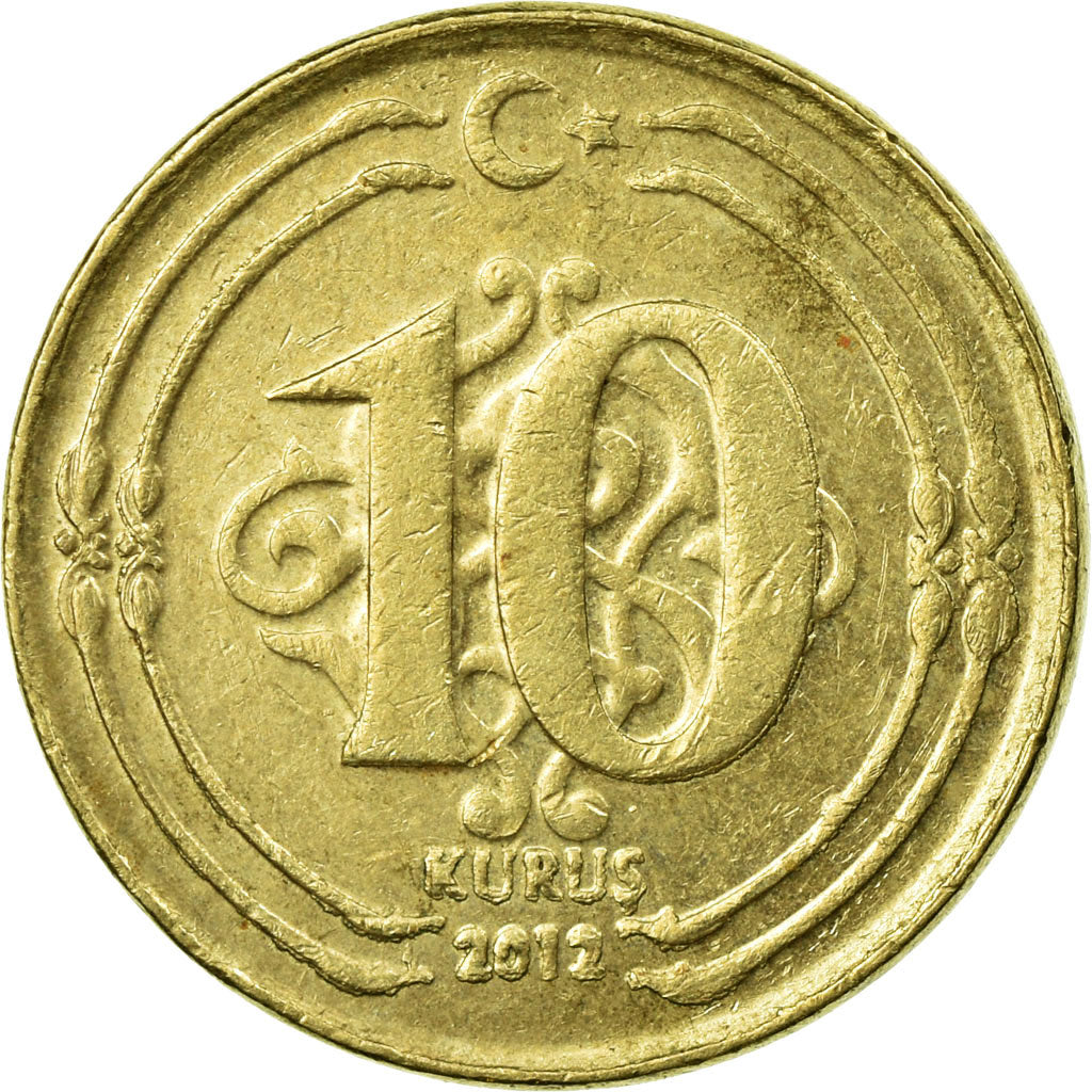 Moneta, Turcja, 10 Kurus, 2012, EF(40-45), Mosiądz, KM:1241
