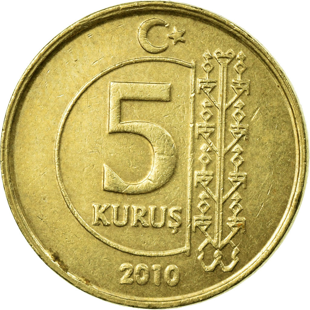 Moneta, Turcja, 5 Kurus, 2010, EF(40-45), Mosiądz, KM:1240
