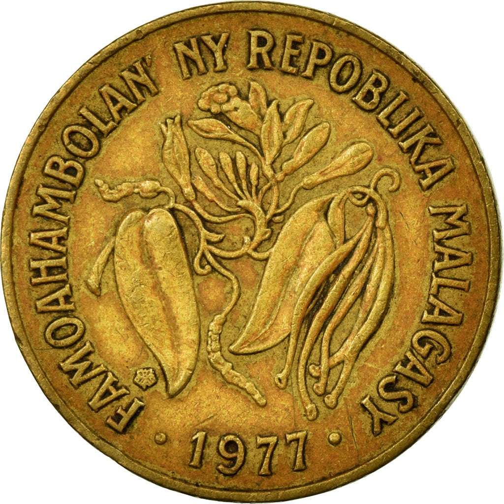 Coin, Madagascar, 10 Francs, 2 Ariary, 1977, Paris, EF(40-45), Aluminum-Bronze