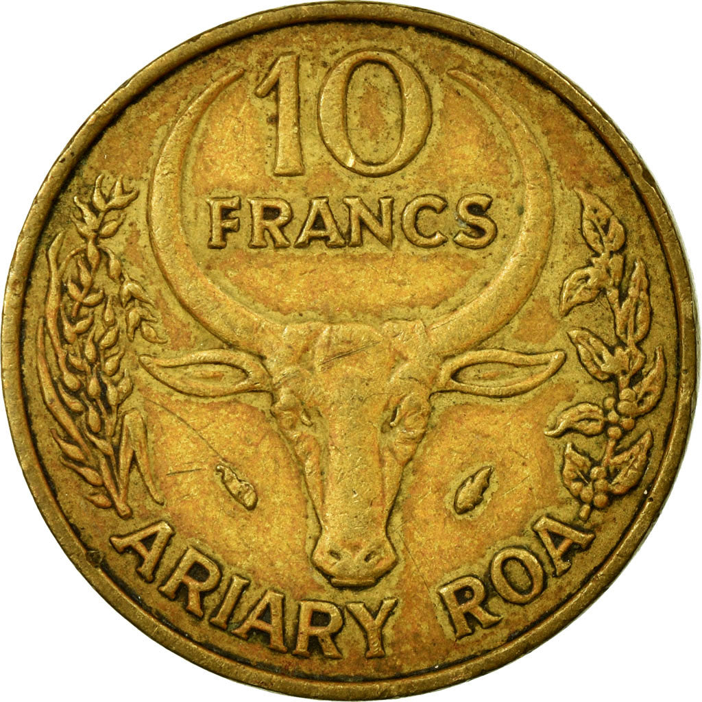 Coin, Madagascar, 10 Francs, 2 Ariary, 1977, Paris, EF(40-45), Aluminum-Bronze