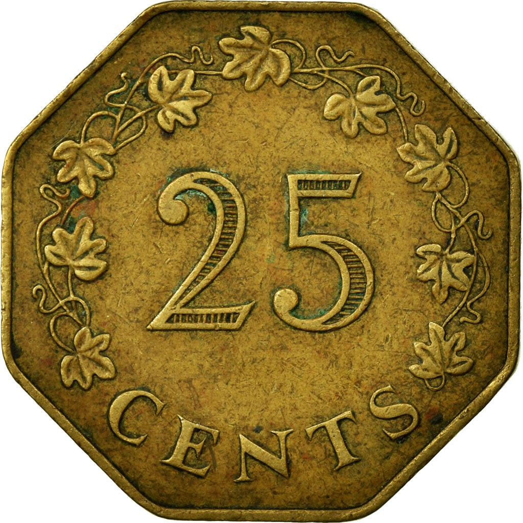 Coin, Malta, 25 Cents, 1975, EF(40-45), Brass, KM:29