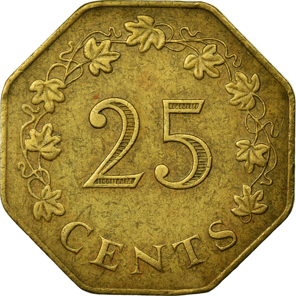 Coin, Malta, 25 Cents, 1975, EF(40-45), Brass, KM:29