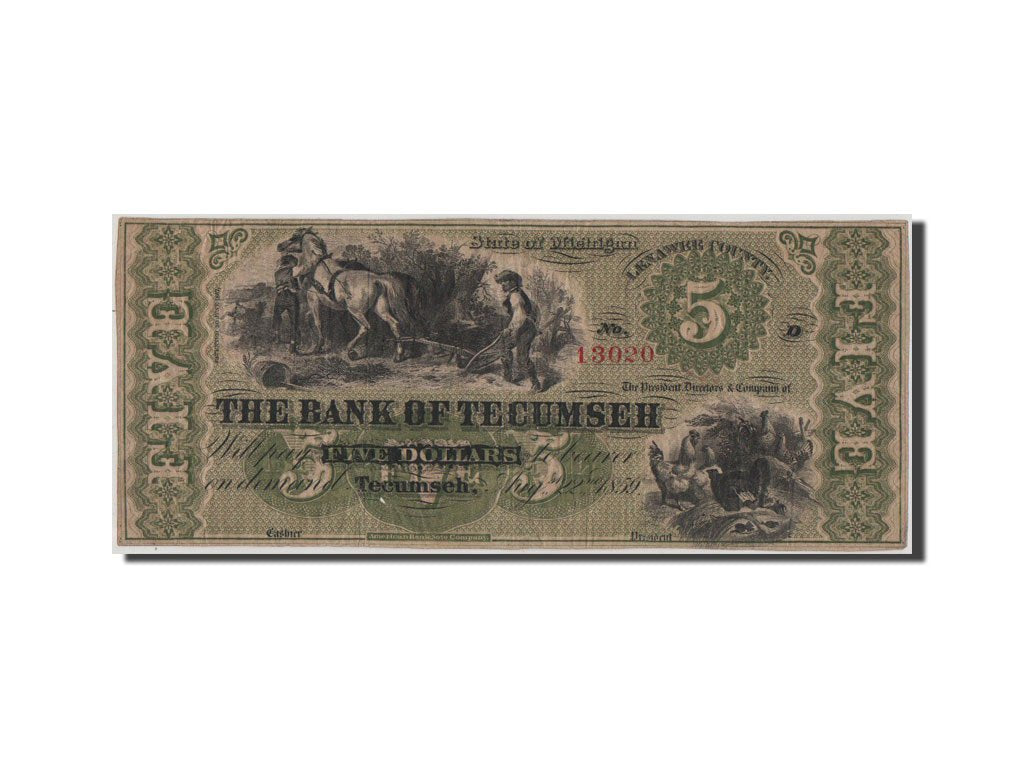 Etats-Unis, Obsolètes, Michigan, Bank of Tecumseh, 5 Dollars 22.8.1859