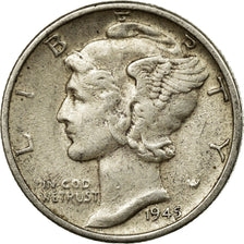 Monnaie, États-Unis, Mercury Dime, Dime, 1945, U.S. Mint, Denver, TB+, Argent