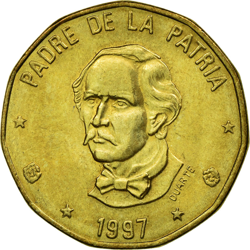 Coin, Dominican Republic, Peso, 1997, EF(40-45), Brass, KM:80.3