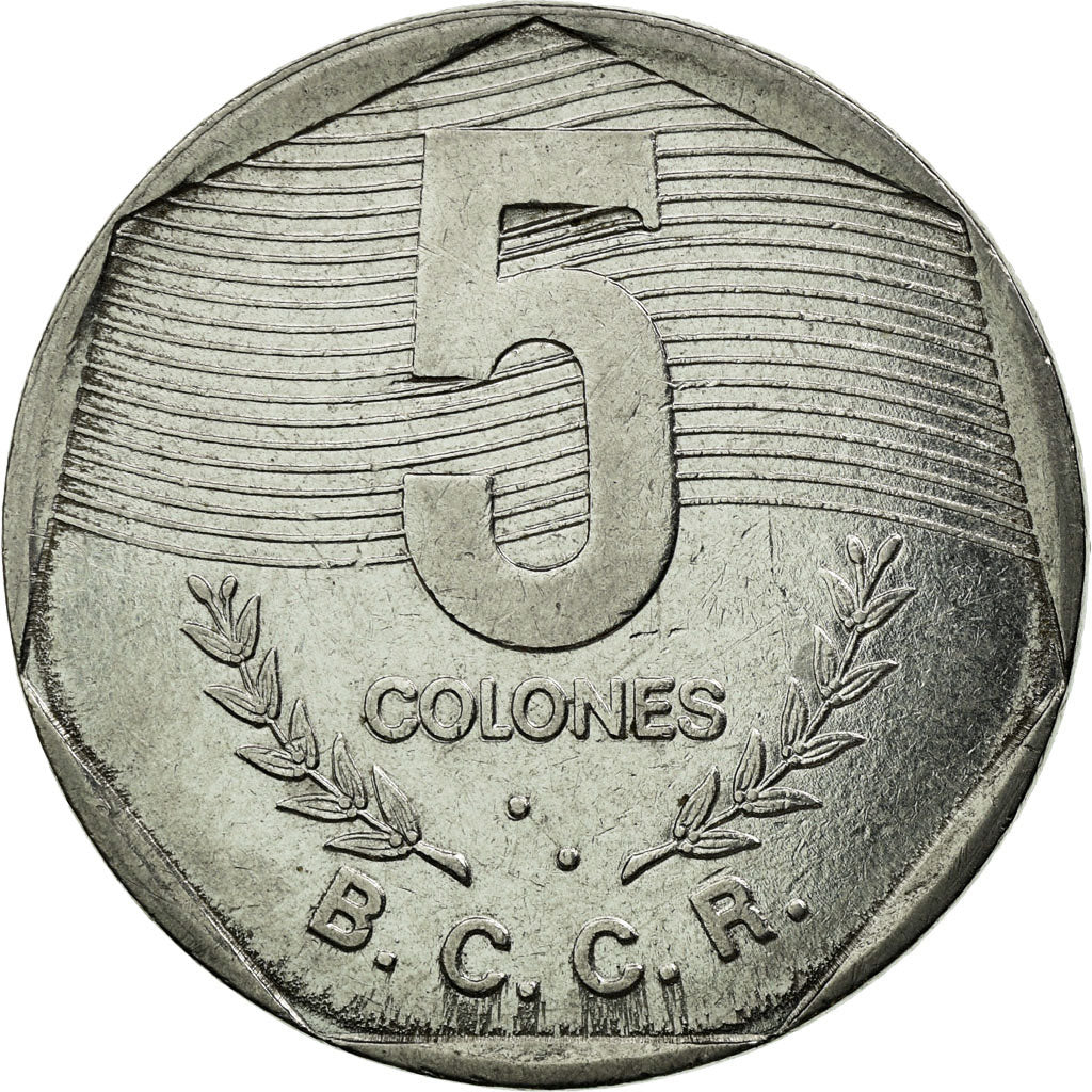 Moneda, Costa Rica, 5 Colones, 1989, MBC, Acero inoxidable, KM:214.1