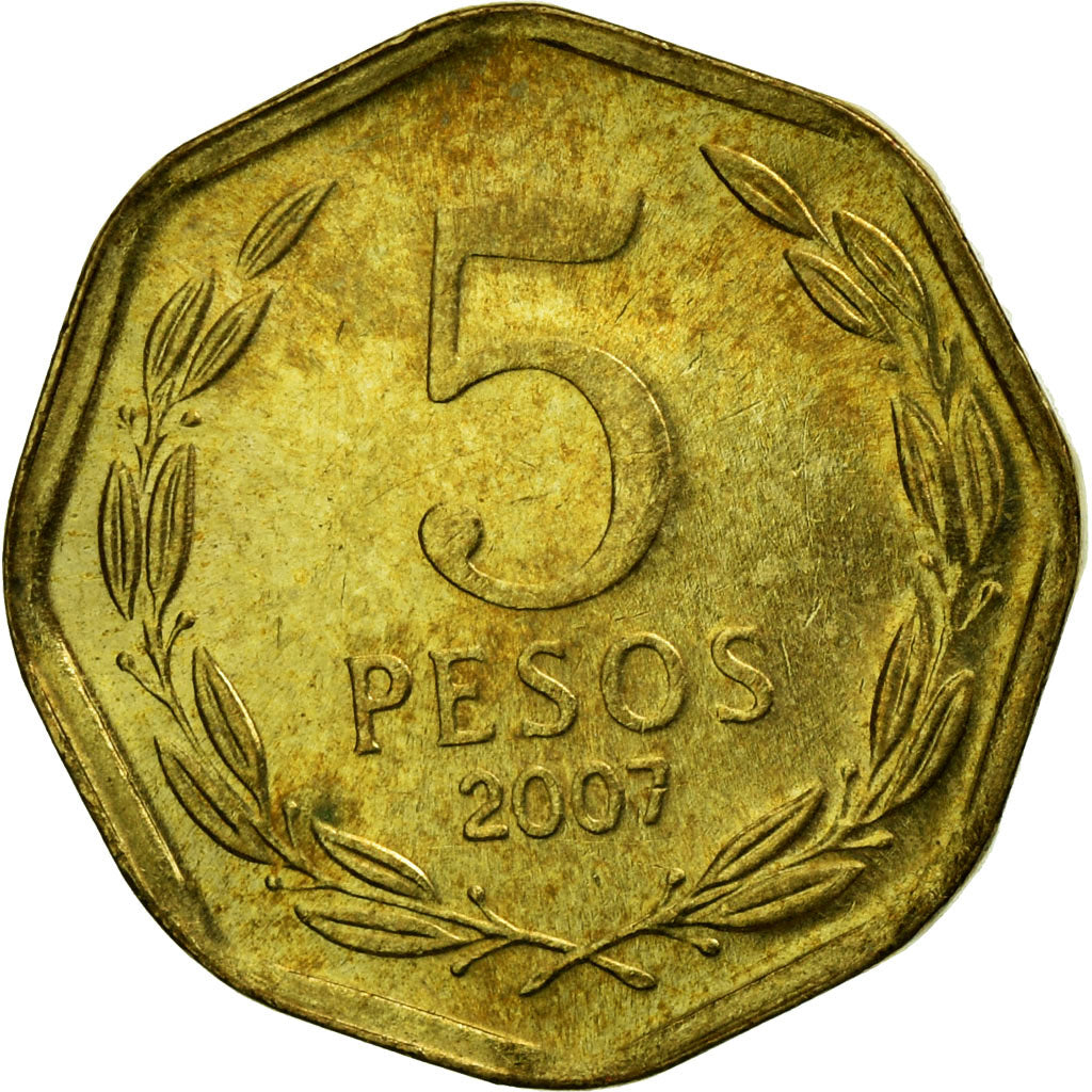 Moneda, Chile, 5 Pesos, 2007, Santiago, MBC, Aluminio - bronce, KM:232
