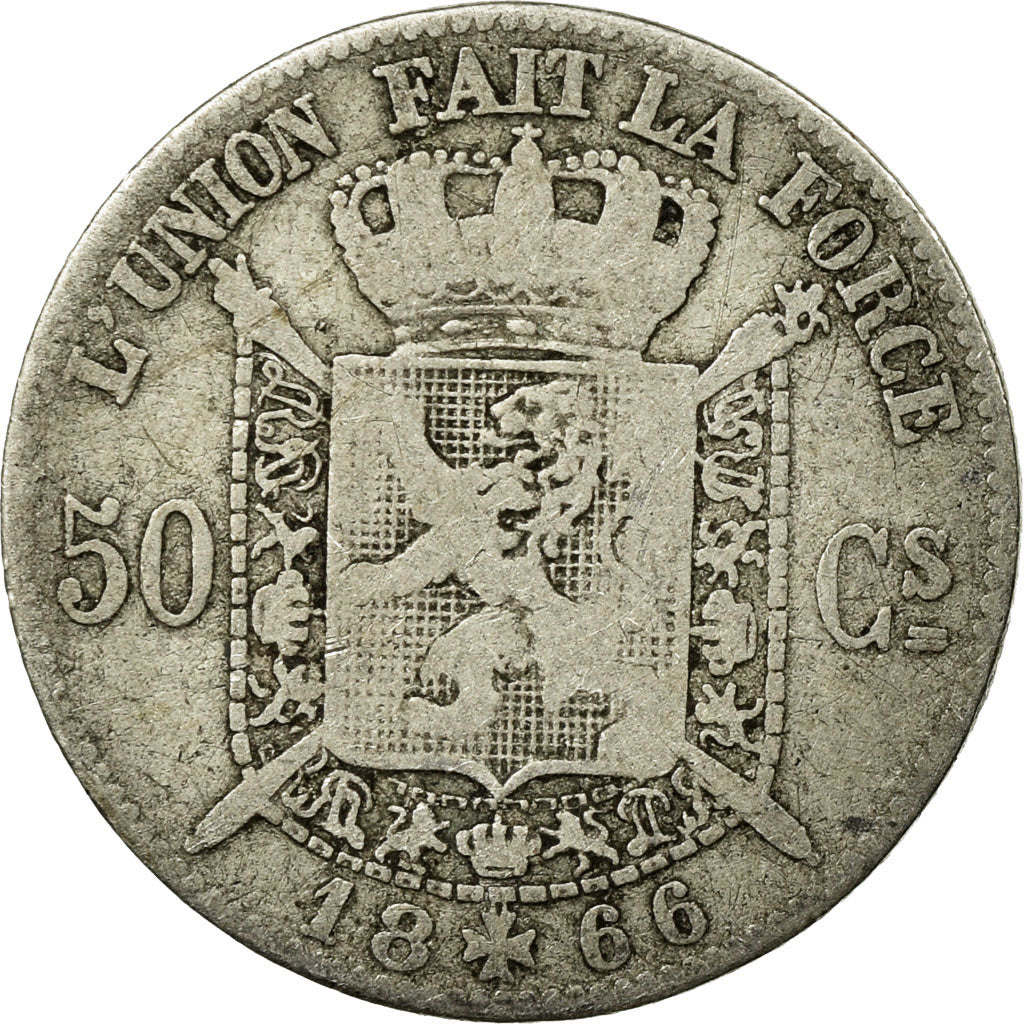 Coin, Belgium, Leopold II, 50 Centimes, 1866, VF(20-25), Silver, KM:26
