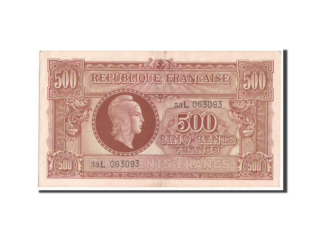 France, 500 Francs, 1943-1945 Marianne, 1945, KM #106, AU(50-53), 53L063093,...