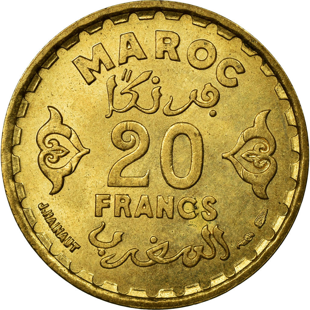 Coin, Morocco, Mohammed V, 20 Francs, 1951, Paris, AU(55-58), Aluminum-Bronze