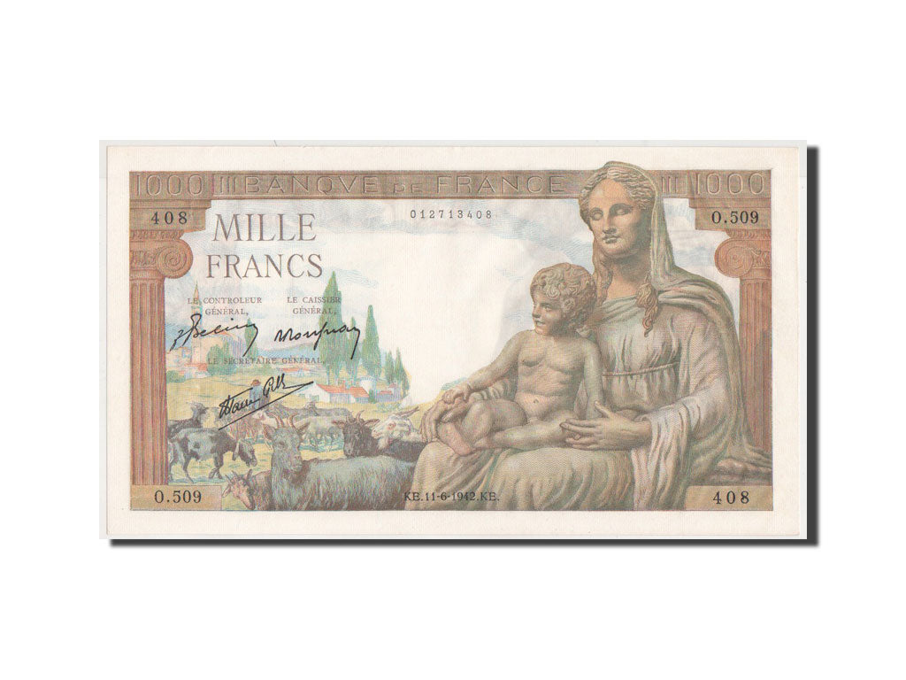 France, 1000 Francs, 1 000 F 1942-1943 ''Déesse Déméter'', 1942, KM #102, UNC...