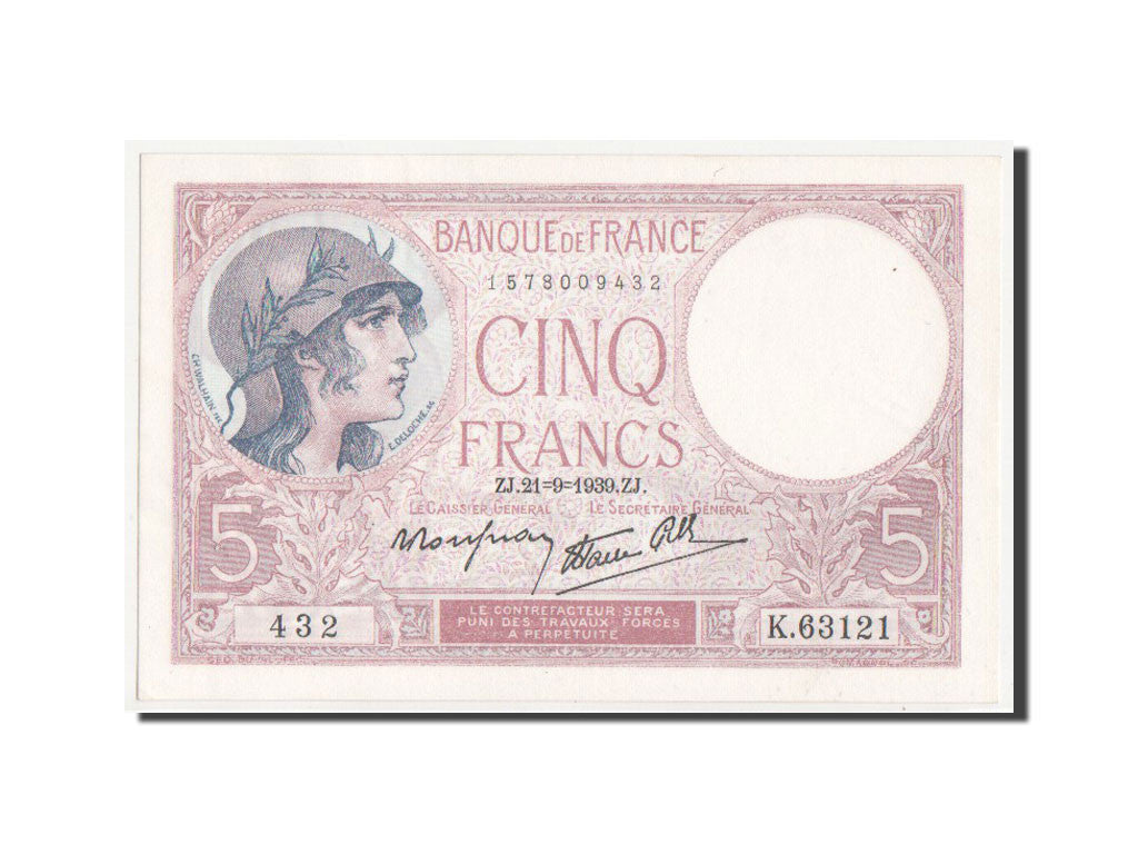Francia, 5 Francs, 5 F 1917-1940 ''Violet'', 1939, KM:83, SPL, Fayette:4.9