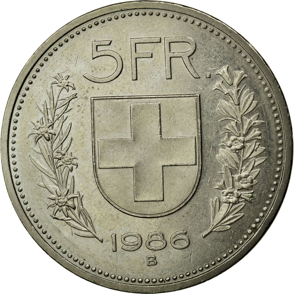 Coin, Switzerland, 5 Francs, 1986, Bern, AU(55-58), Copper-nickel, KM:40a.3