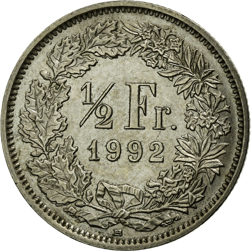 Coin, Switzerland, 1/2 Franc, 1992, Bern, EF(40-45), Copper-nickel, KM:23a.3
