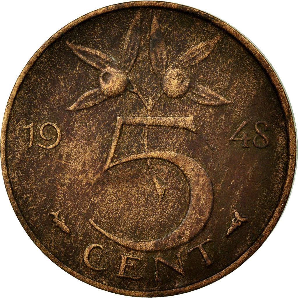 Coin, Netherlands, Wilhelmina I, 5 Cents, 1948, VF(30-35), Bronze, KM:176