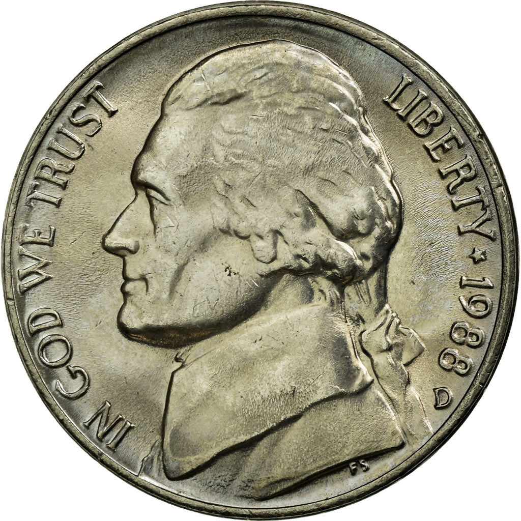 Coin, United States, Jefferson Nickel, 5 Cents, 1988, U.S. Mint, Denver