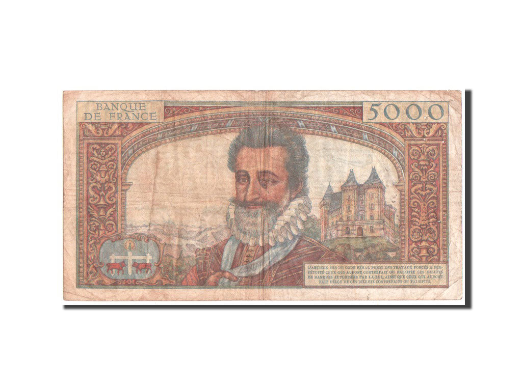 France, 5000 Francs, 5 000 F 1957-1958 ''Henri IV'', 1957, KM #135a, VF(20-25),.