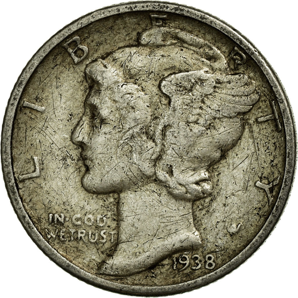 Coin, United States, Mercury Dime, Dime, 1938, U.S. Mint, Philadelphia