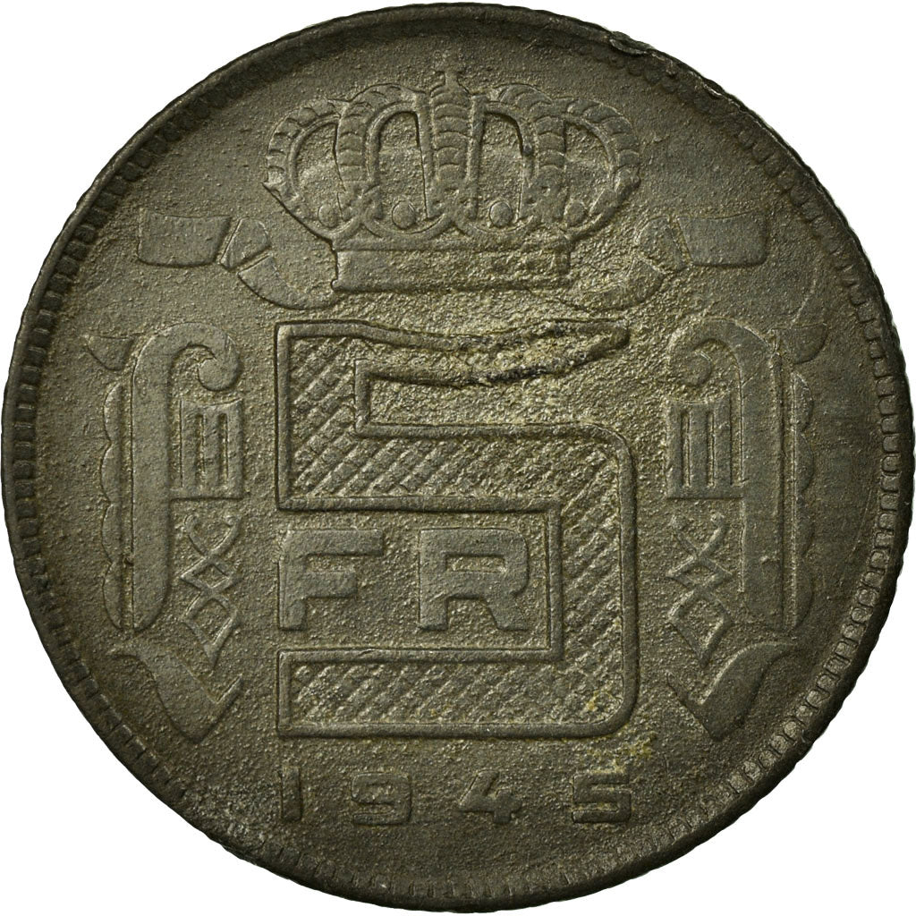 Coin, Belgium, 5 Francs, 5 Frank, 1945, VF(30-35), Zinc, KM:129.1