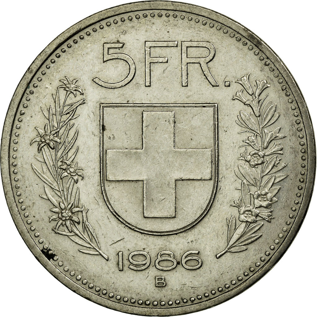 Coin, Switzerland, 5 Francs, 1986, Bern, EF(40-45), Copper-nickel, KM:40a.3